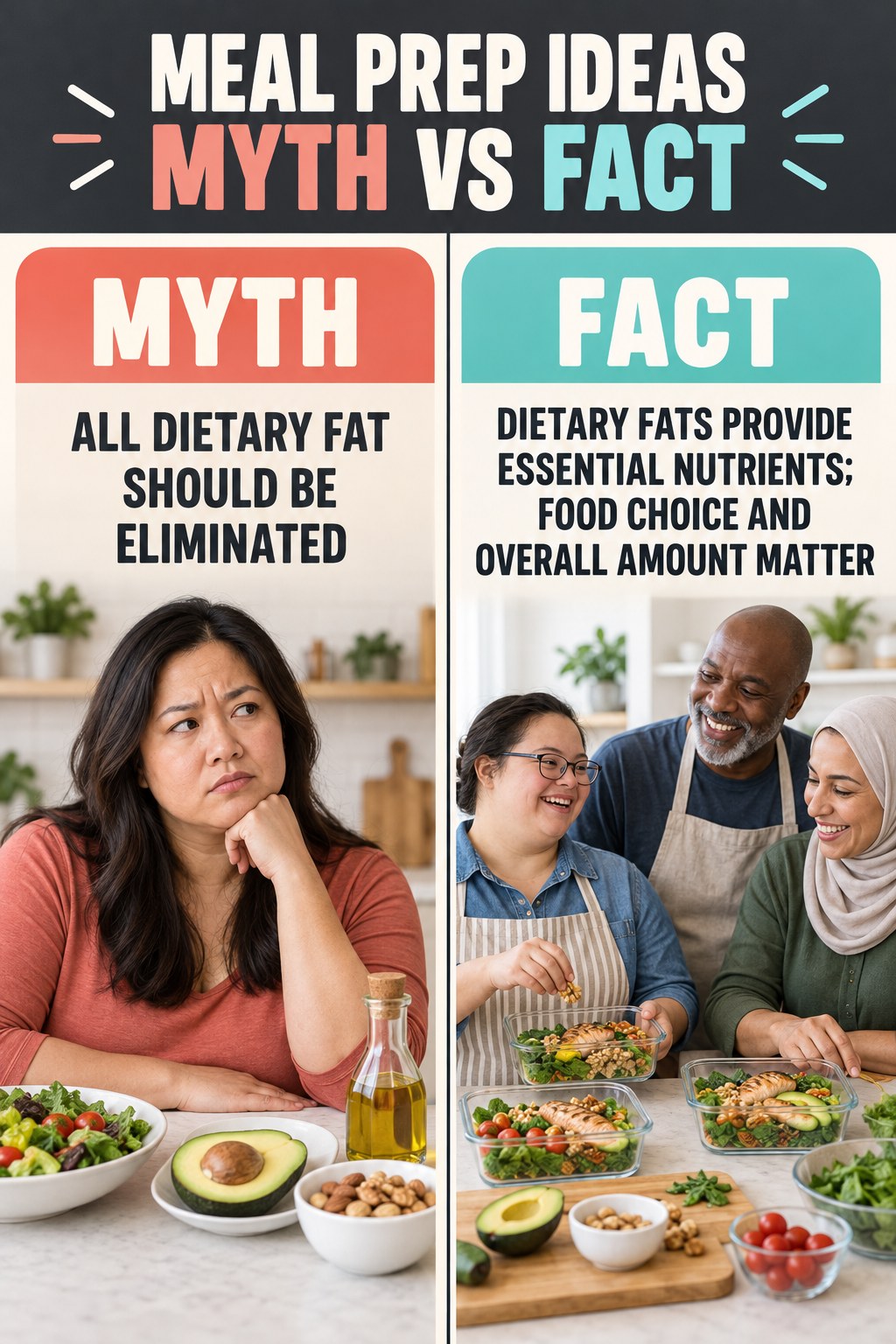 Meal Prep Ideas Myth vs Fact graphic correcting the misconception about dietary fat.