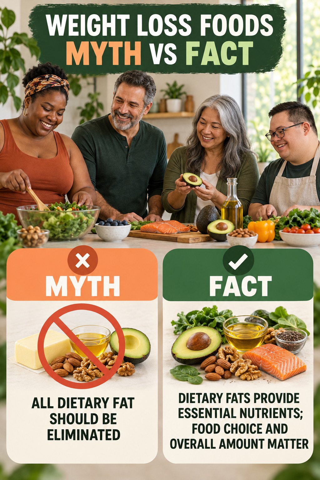 Weight Loss Foods Myth vs Fact graphic correcting the misconception about dietary fat.