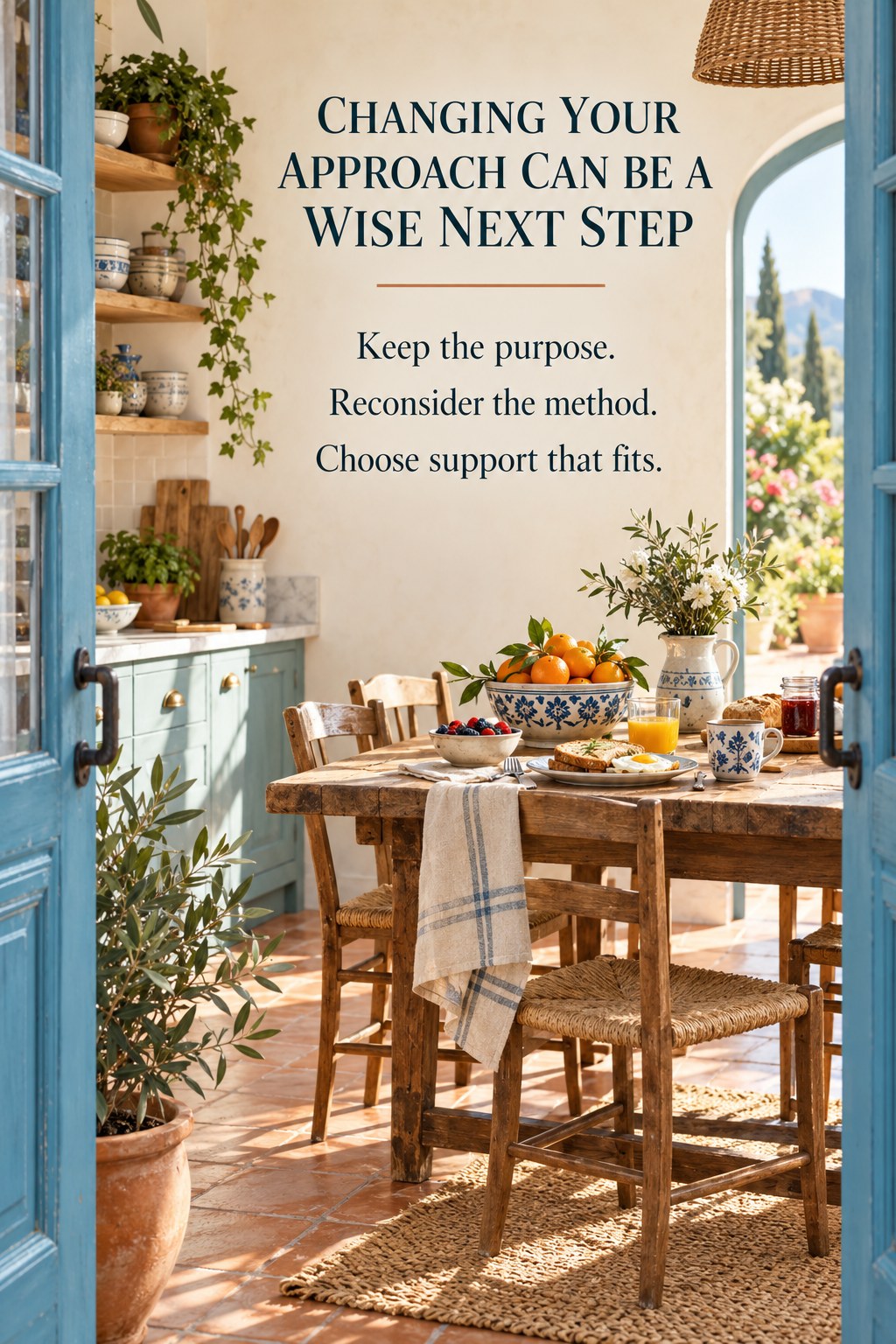 Open blue doorway to a sunny kitchen breakfast table beneath encouragement to reconsider an eating approach thoughtfully.