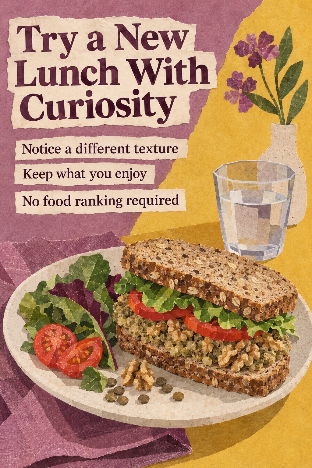 Lentil and walnut sandwich with vegetables, shown as an invitation to try a new lunch without ranking food choices.