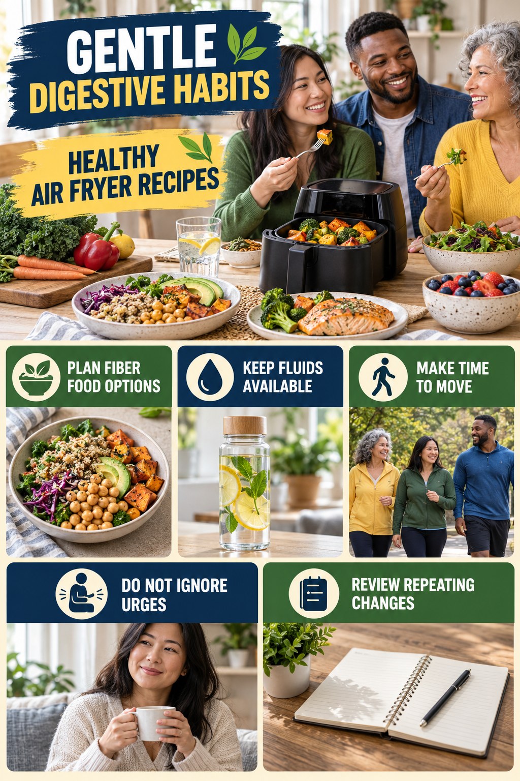 Busy-Day Regularity Checklist infographic for Healthy Air Fryer Recipes with five practical food, hydration, movement, or routine actions and no cleanse claims.