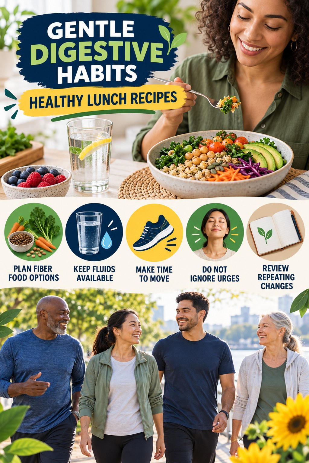 Busy-Day Regularity Checklist infographic for Healthy Lunch Recipes with five practical food, hydration, movement, or routine actions and no cleanse claims.