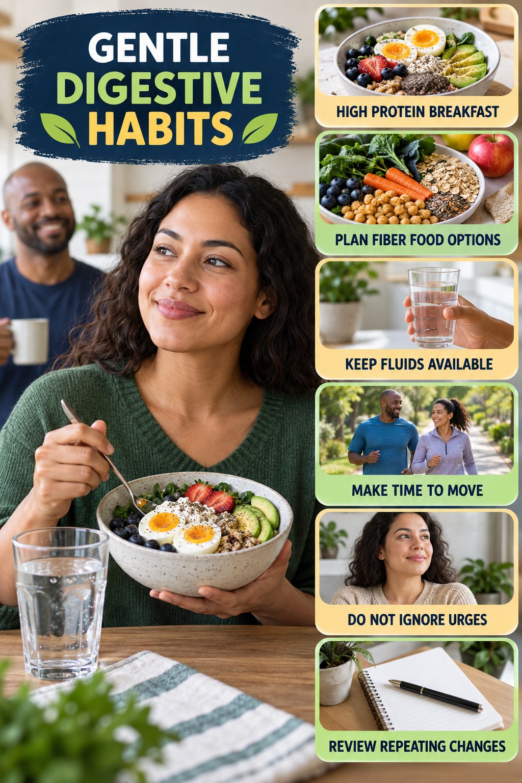 Busy-Day Regularity Checklist infographic for High Protein Breakfast with five practical food, hydration, movement, or routine actions and no cleanse claims.