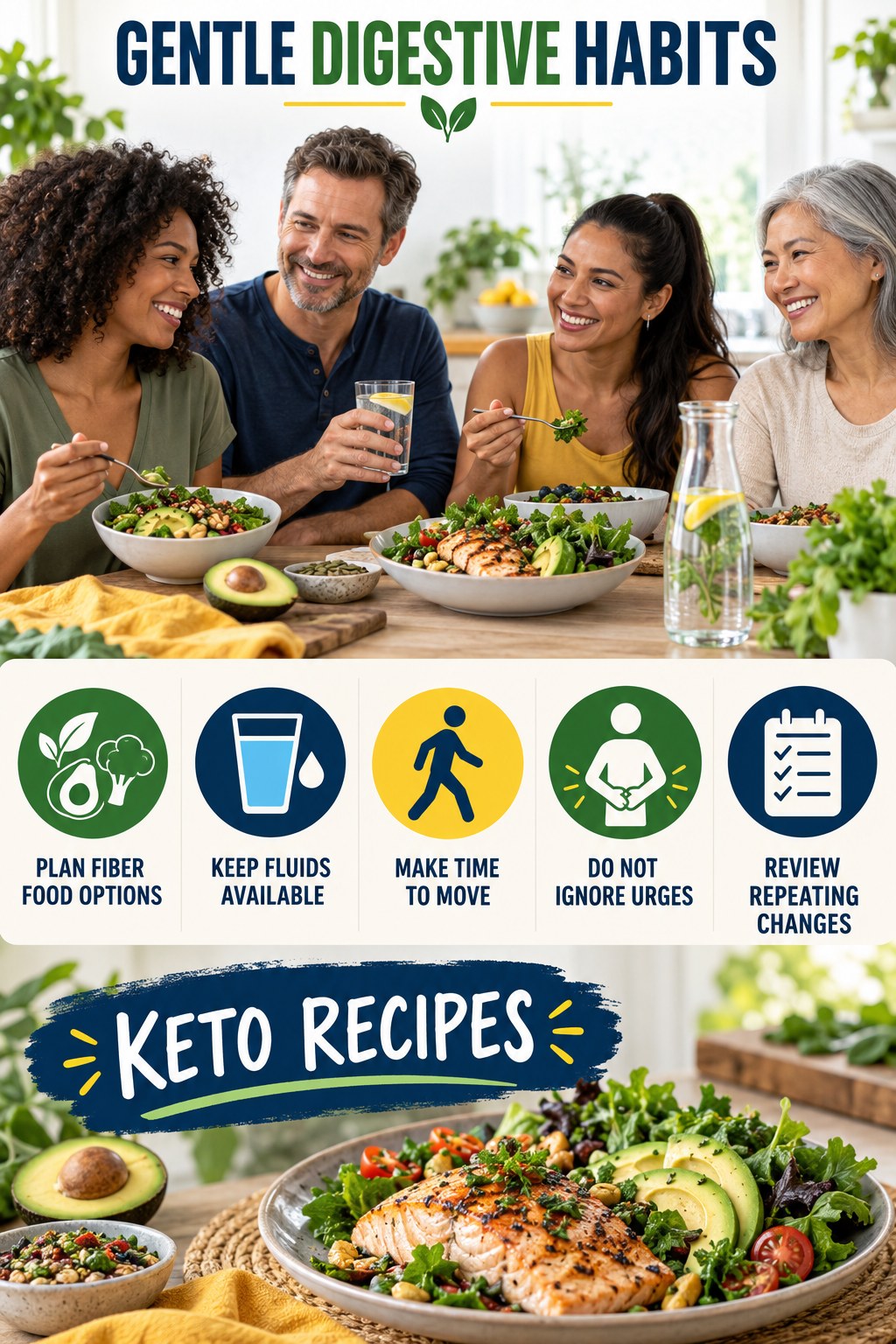 Busy-Day Regularity Checklist infographic for Keto Recipes with five practical food, hydration, movement, or routine actions and no cleanse claims.
