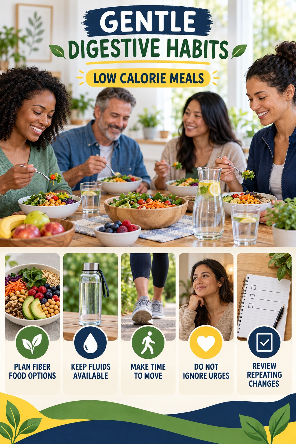 Busy-Day Regularity Checklist infographic for Low Calorie Meals with five practical food, hydration, movement, or routine actions and no cleanse claims.