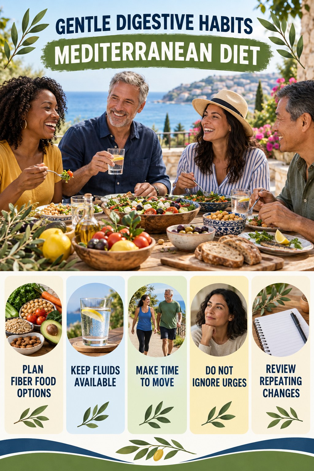 Busy-Day Regularity Checklist infographic for Mediterranean Diet with five practical food, hydration, movement, or routine actions and no cleanse claims.
