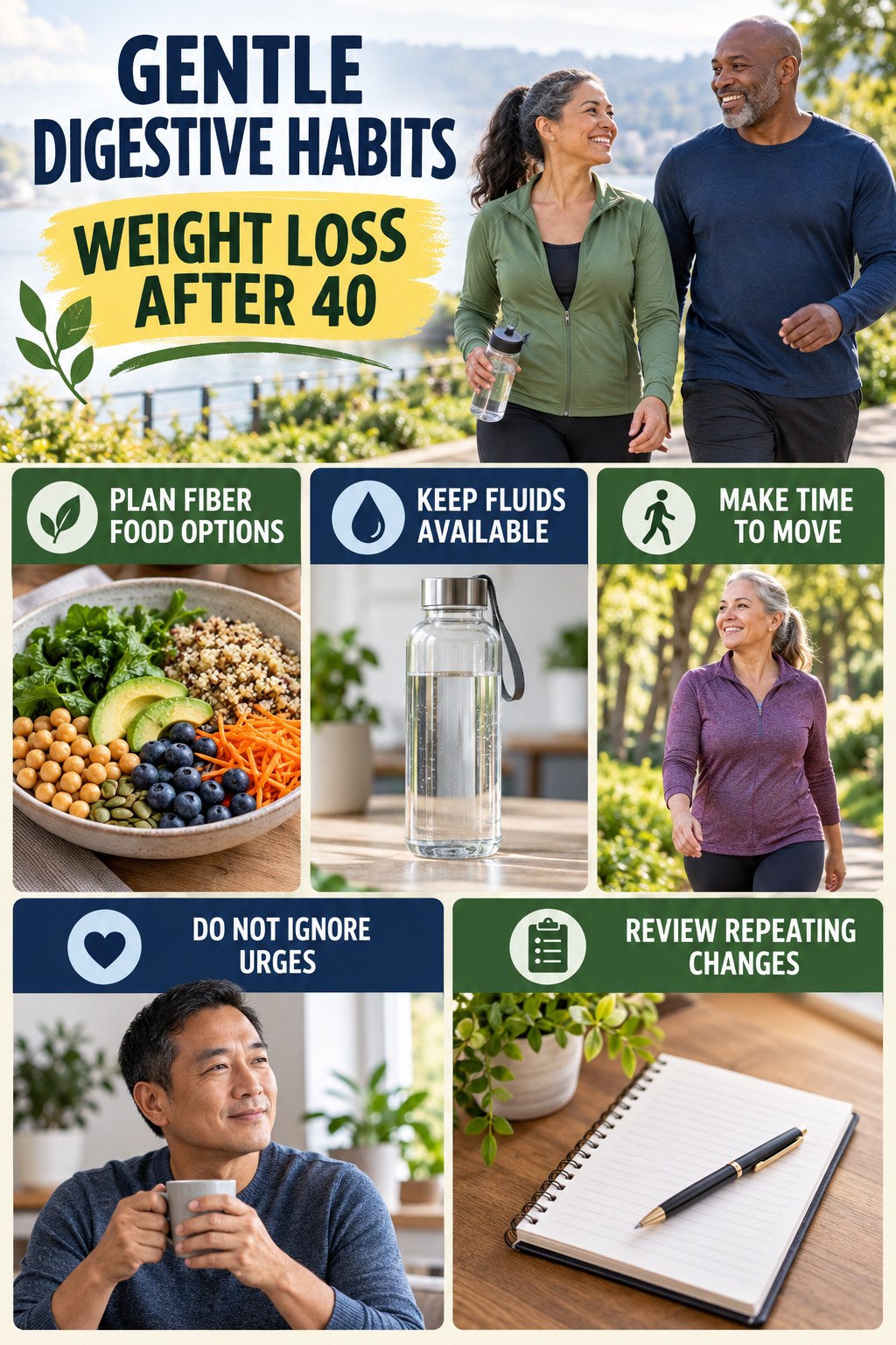 Busy-Day Regularity Checklist infographic for Weight Loss After 40 with five practical food, hydration, movement, or routine actions and no cleanse claims.