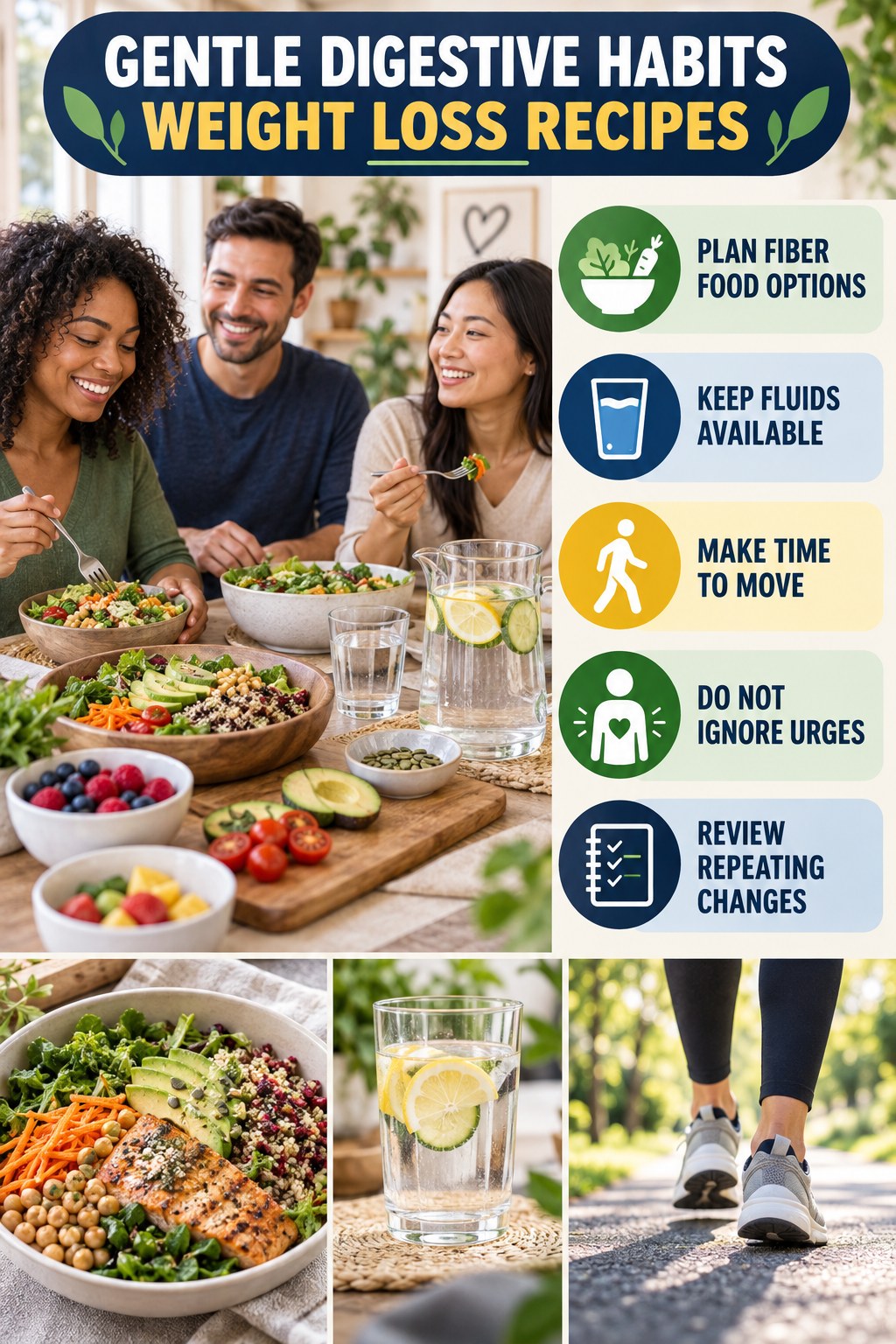Busy-Day Regularity Checklist infographic for Weight Loss Recipes with five practical food, hydration, movement, or routine actions and no cleanse claims.