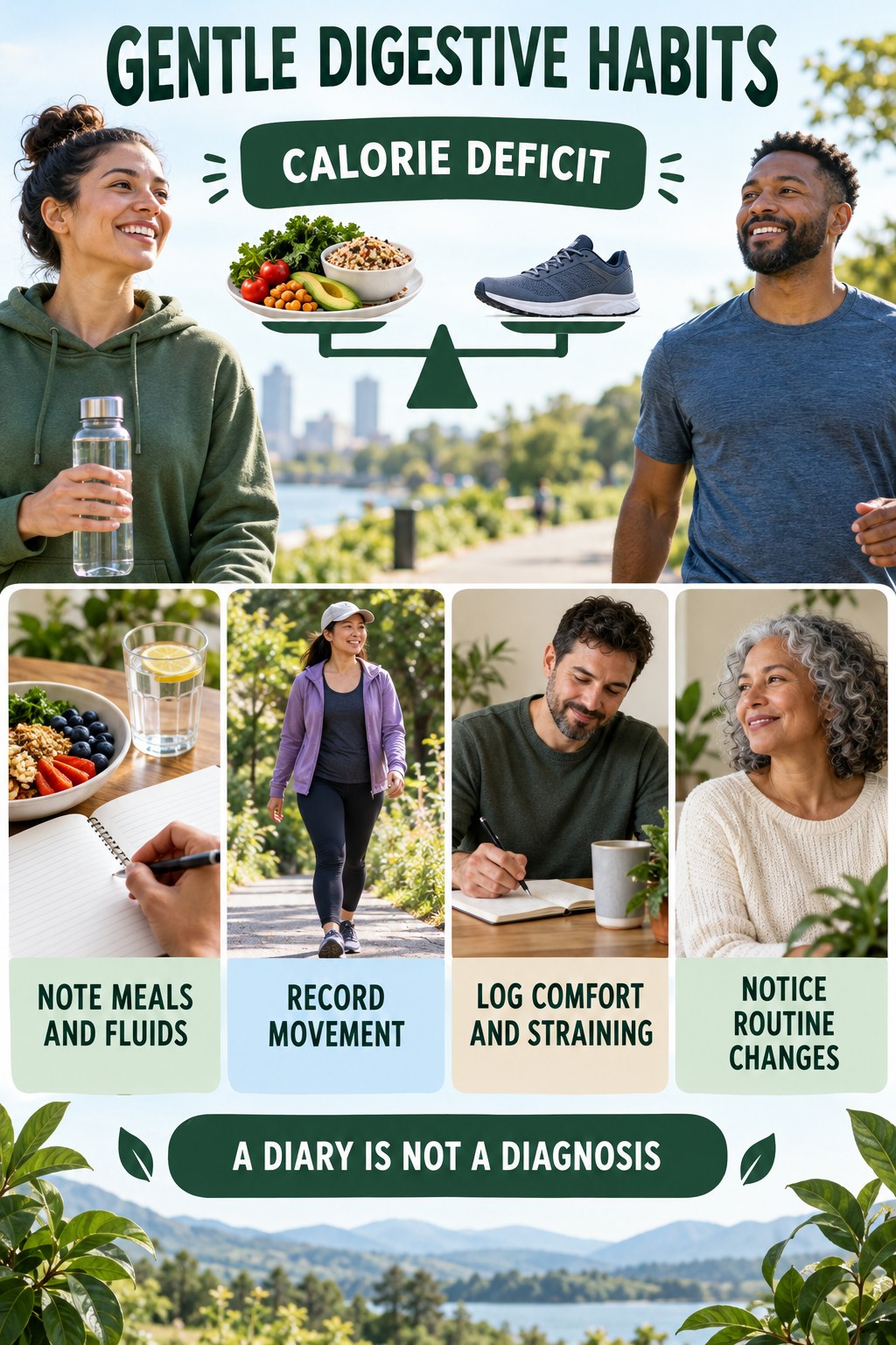 Digestive Pattern Tracker infographic for Calorie Deficit with five practical food, hydration, movement, or routine actions and no cleanse claims.