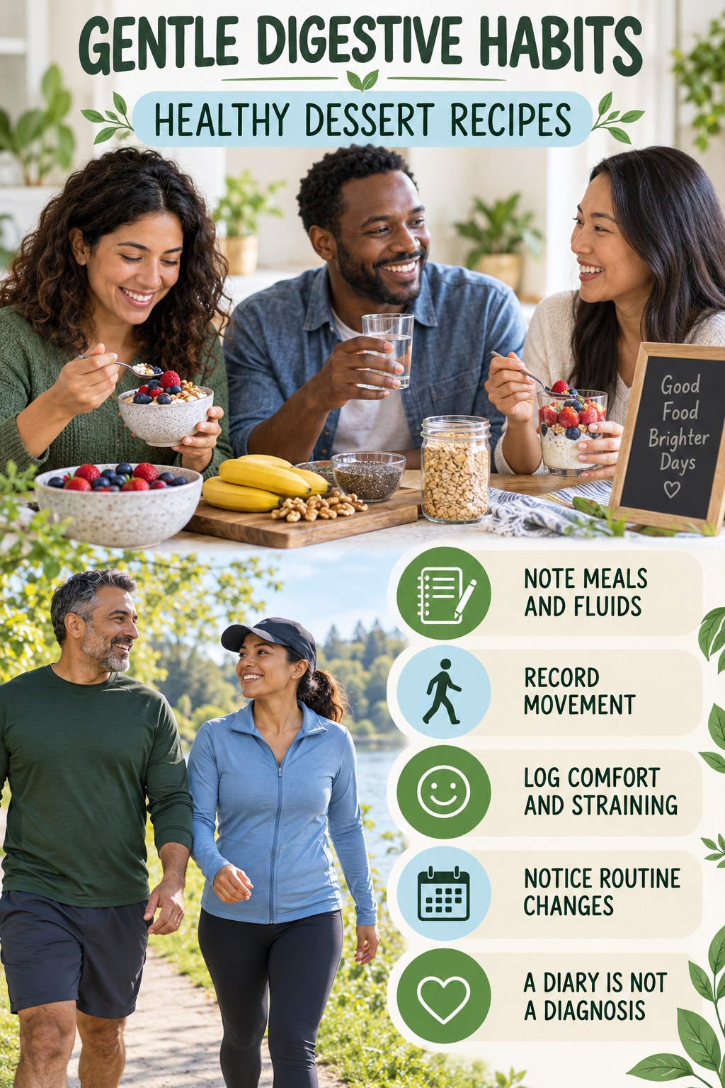 Digestive Pattern Tracker infographic for Healthy Dessert Recipes with five practical food, hydration, movement, or routine actions and no cleanse claims.