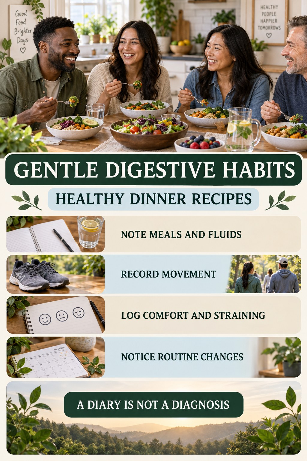 Digestive Pattern Tracker infographic for Healthy Dinner Recipes with five practical food, hydration, movement, or routine actions and no cleanse claims.