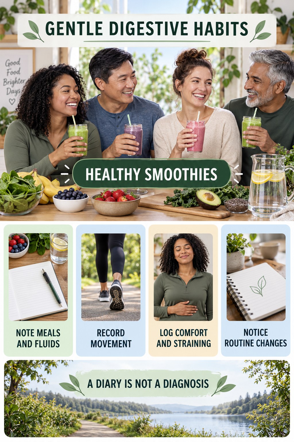 Digestive Pattern Tracker infographic for Healthy Smoothies with five practical food, hydration, movement, or routine actions and no cleanse claims.