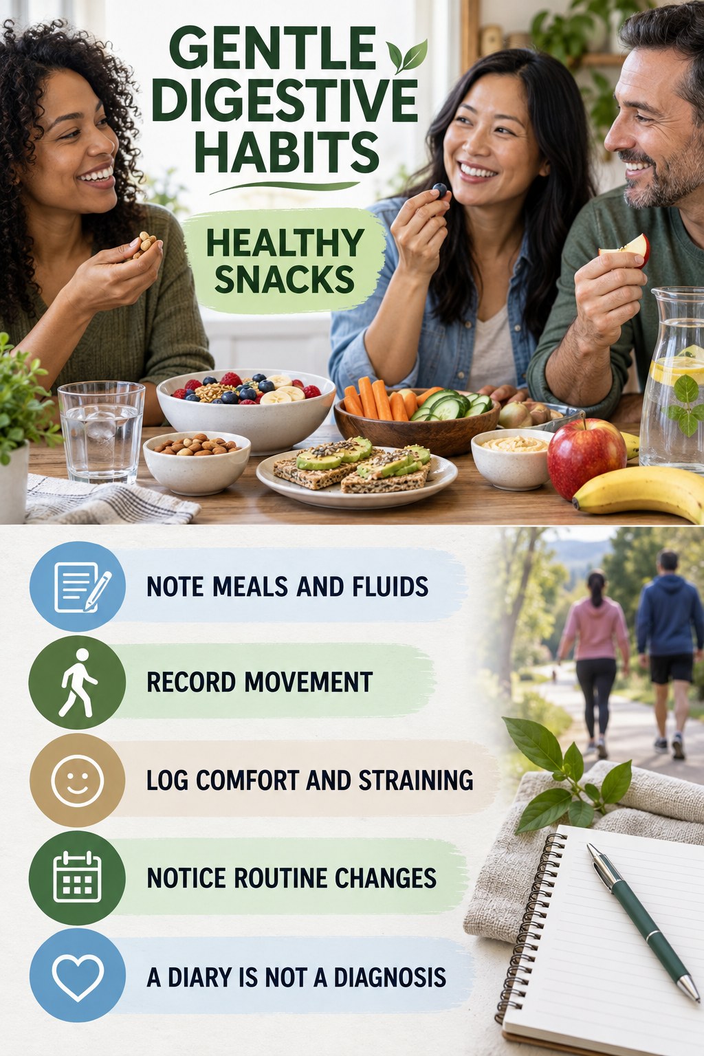 Digestive Pattern Tracker infographic for Healthy Snacks with five practical food, hydration, movement, or routine actions and no cleanse claims.