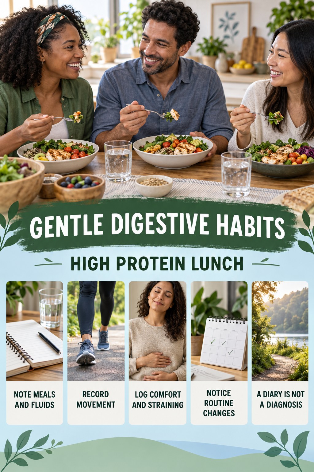 Digestive Pattern Tracker infographic for High Protein Lunch with five practical food, hydration, movement, or routine actions and no cleanse claims.