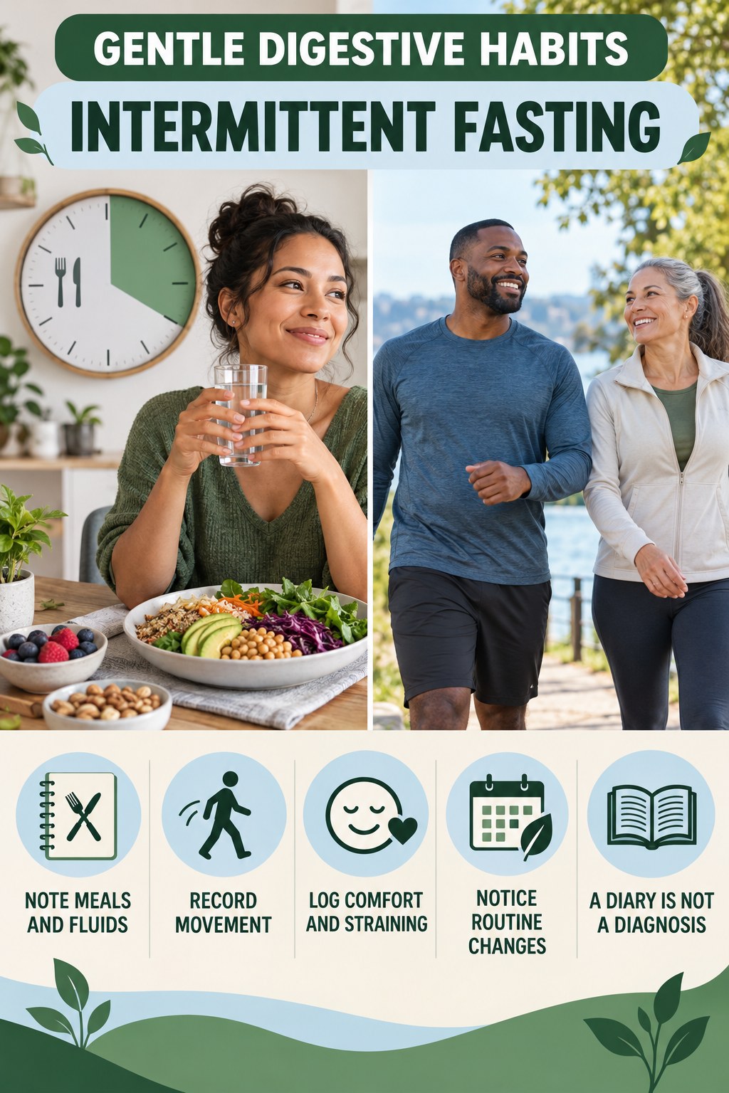 Digestive Pattern Tracker infographic for Intermittent Fasting with five practical food, hydration, movement, or routine actions and no cleanse claims.