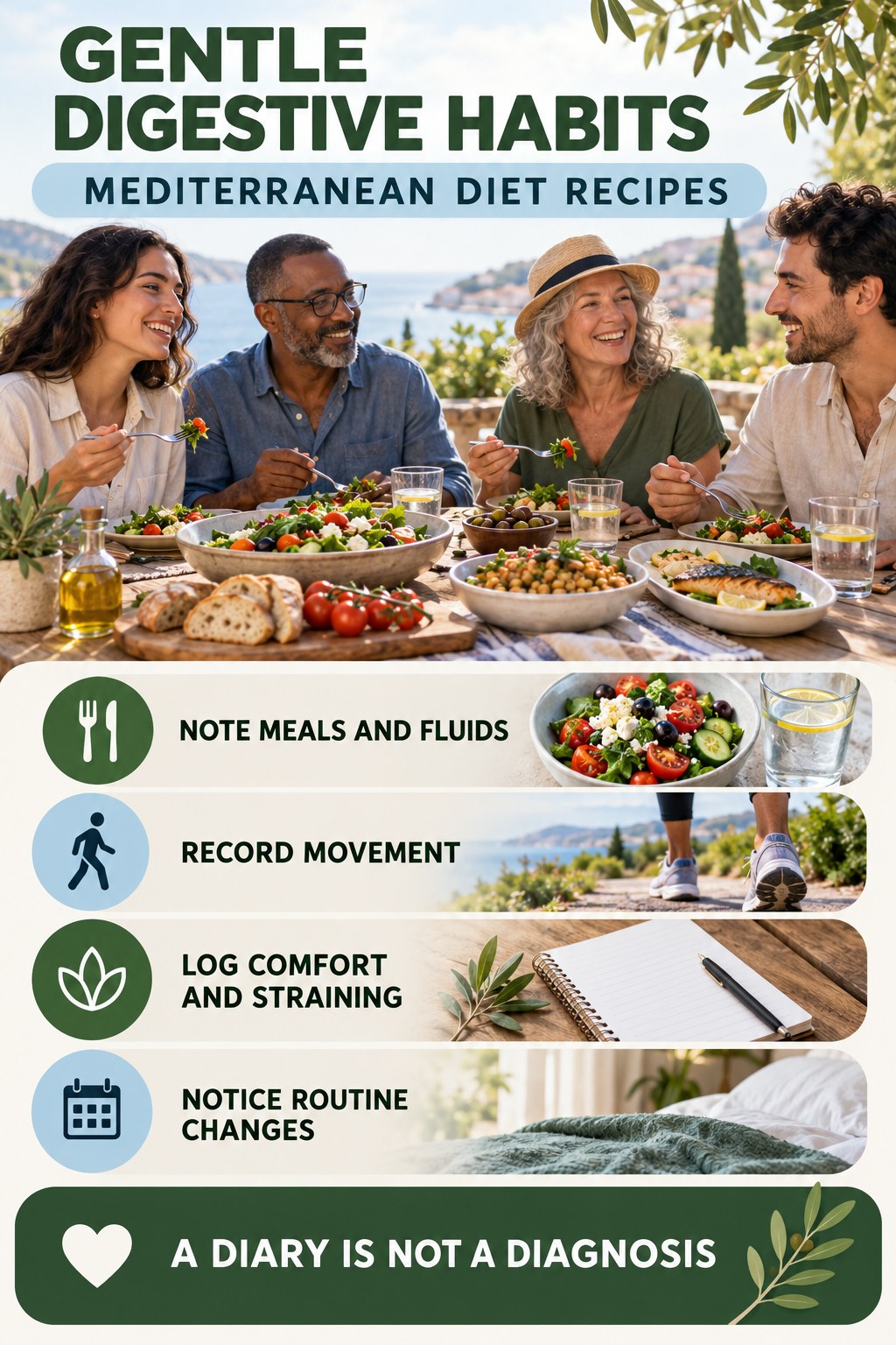 Digestive Pattern Tracker infographic for Mediterranean Diet Recipes with five practical food, hydration, movement, or routine actions and no cleanse claims.
