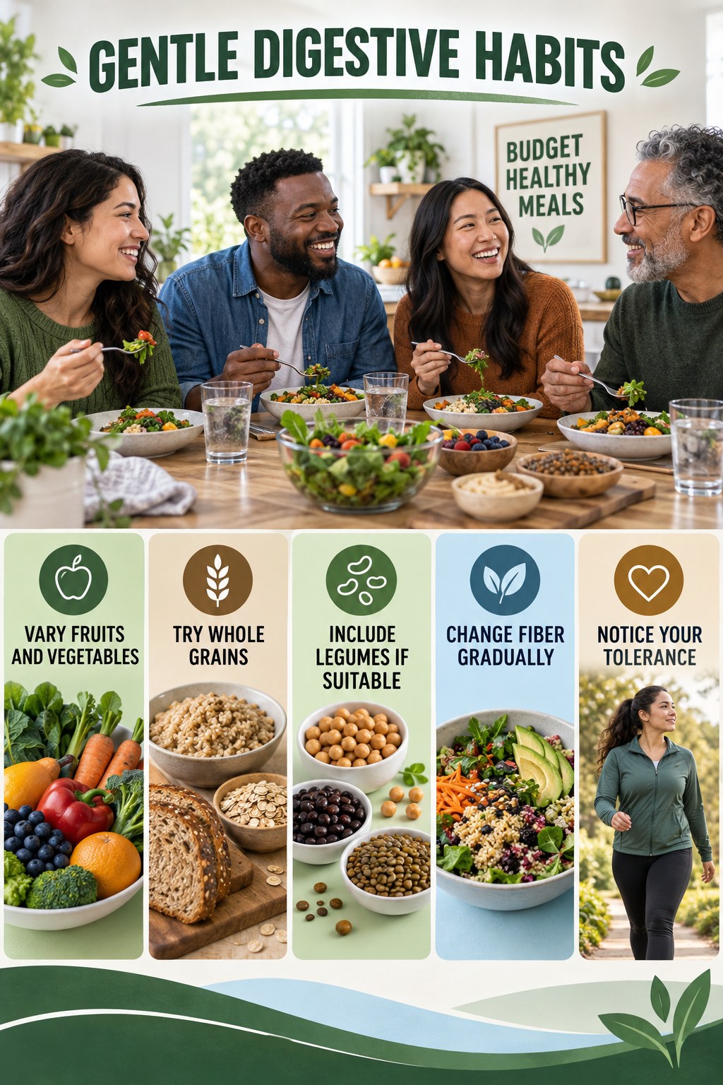 Fiber Variety Without Extremes infographic for Budget Healthy Meals with five practical food, hydration, movement, or routine actions and no cleanse claims.