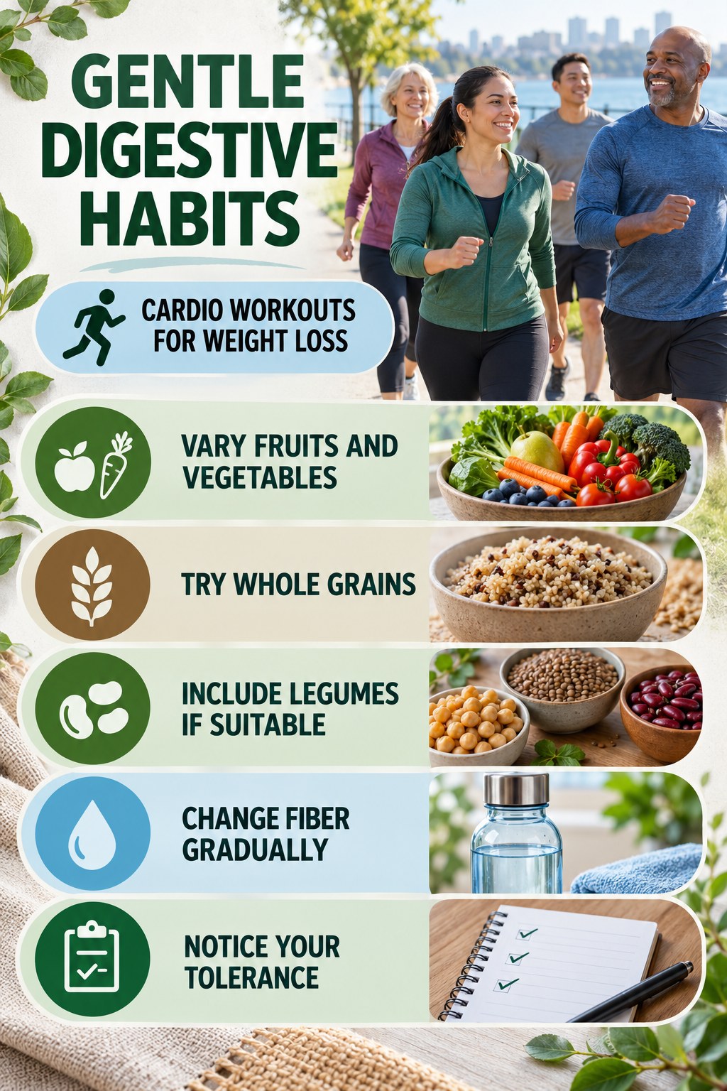 Fiber Variety Without Extremes infographic for Cardio Workouts for Weight Loss with five practical food, hydration, movement, or routine actions and no cleanse claims.