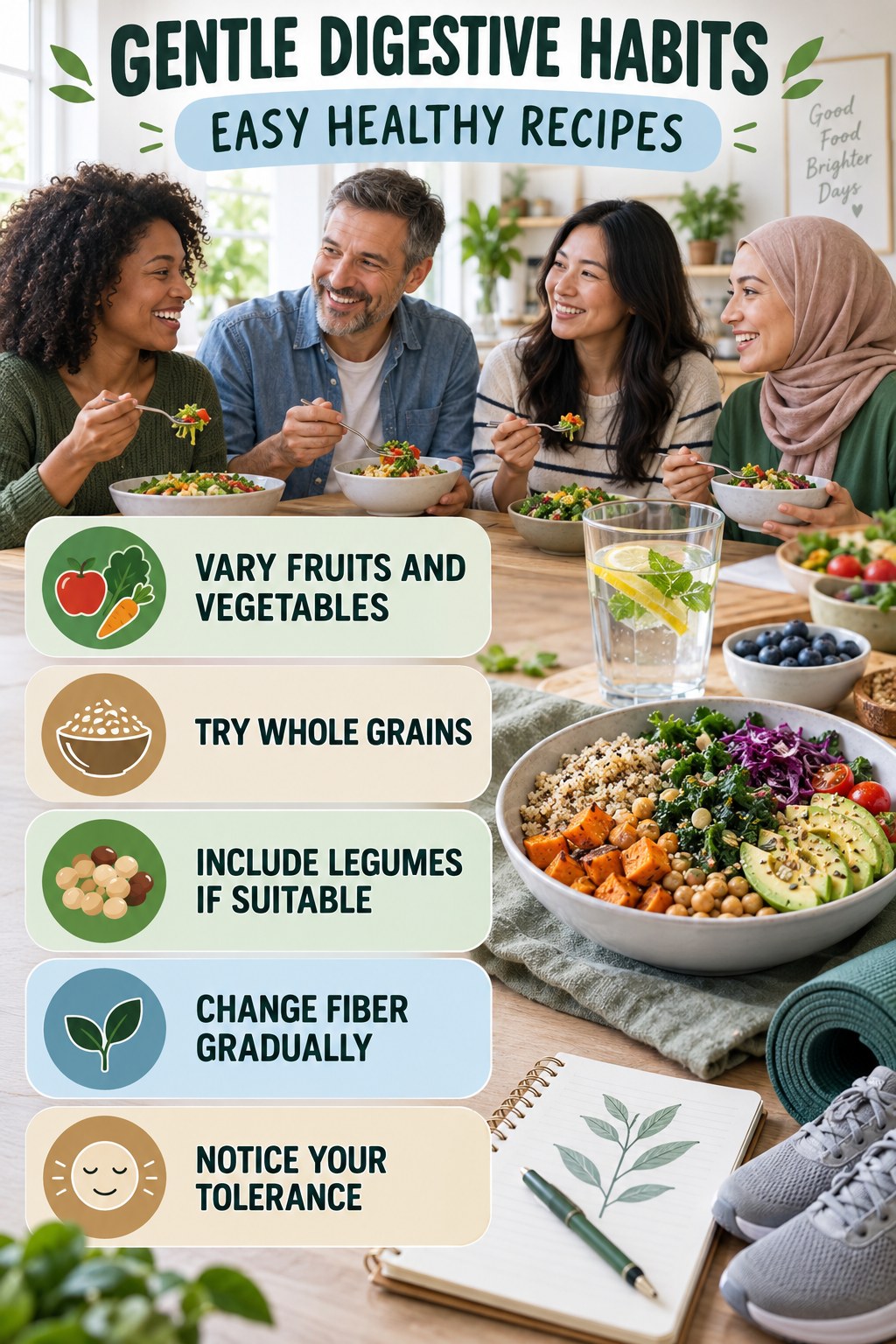 Fiber Variety Without Extremes infographic for Easy Healthy Recipes with five practical food, hydration, movement, or routine actions and no cleanse claims.