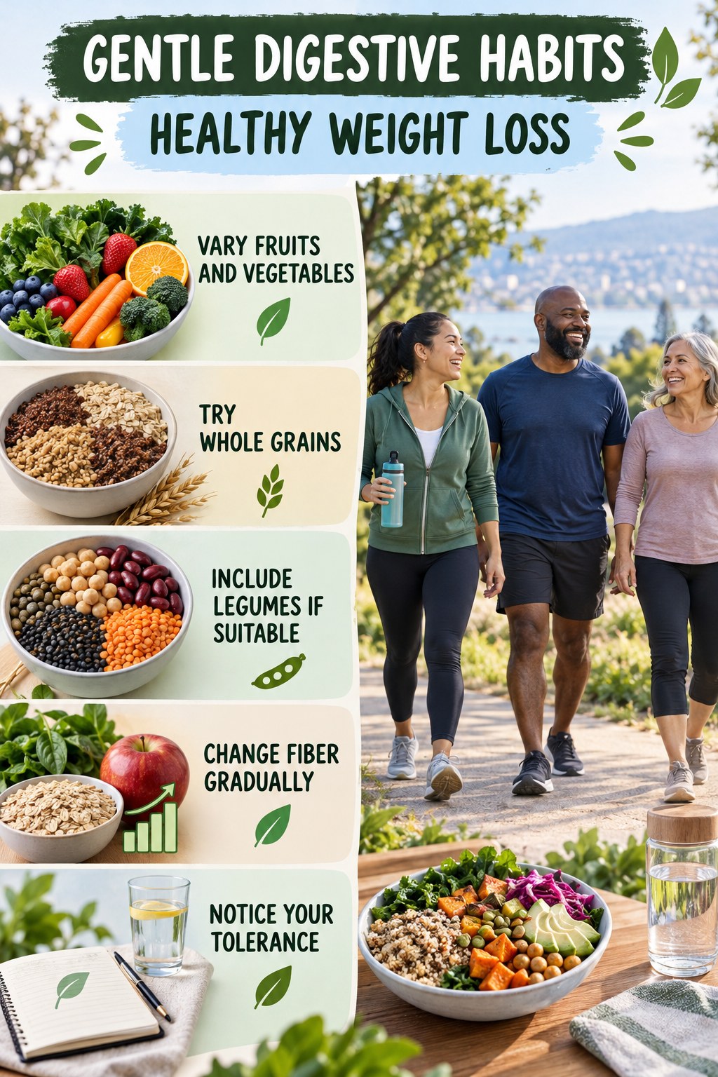 Fiber Variety Without Extremes infographic for Healthy Weight Loss with five practical food, hydration, movement, or routine actions and no cleanse claims.
