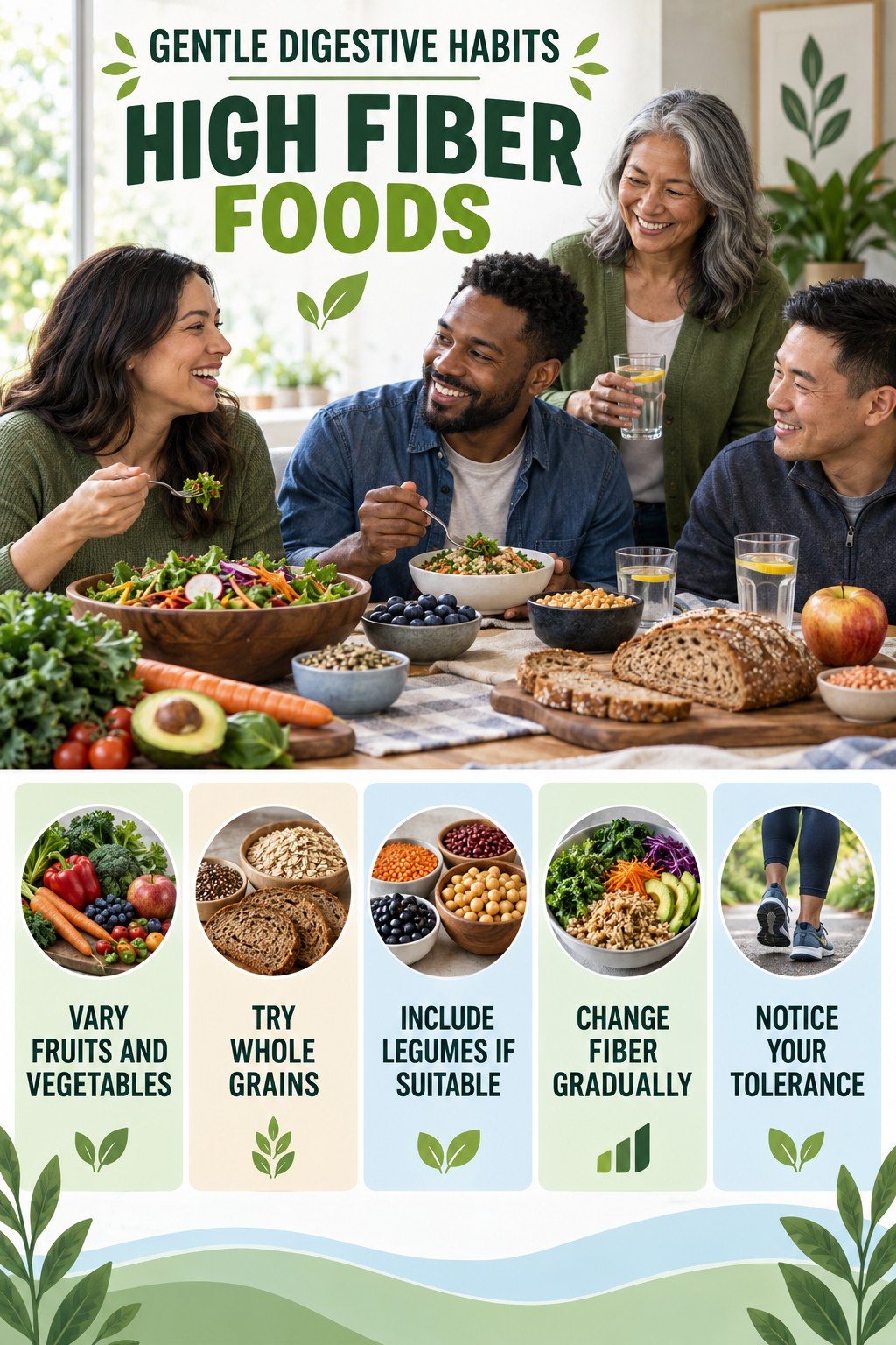 Fiber Variety Without Extremes infographic for High Fiber Foods with five practical food, hydration, movement, or routine actions and no cleanse claims.