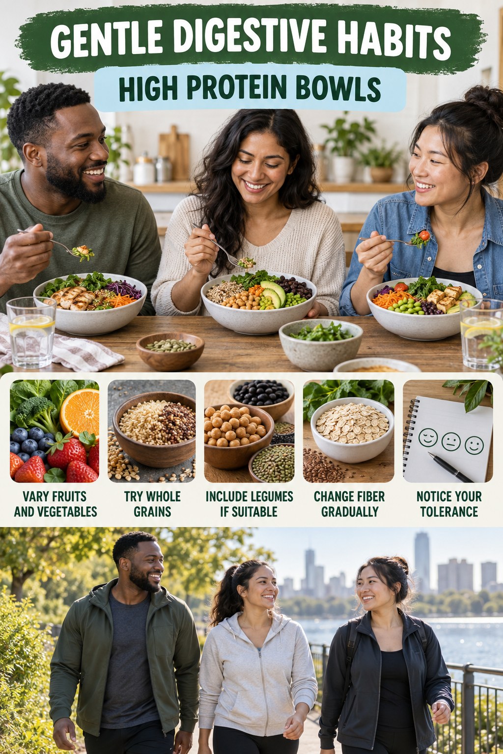 Fiber Variety Without Extremes infographic for High Protein Bowls with five practical food, hydration, movement, or routine actions and no cleanse claims.