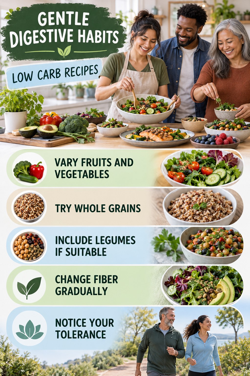 Fiber Variety Without Extremes infographic for Low Carb Recipes with five practical food, hydration, movement, or routine actions and no cleanse claims.