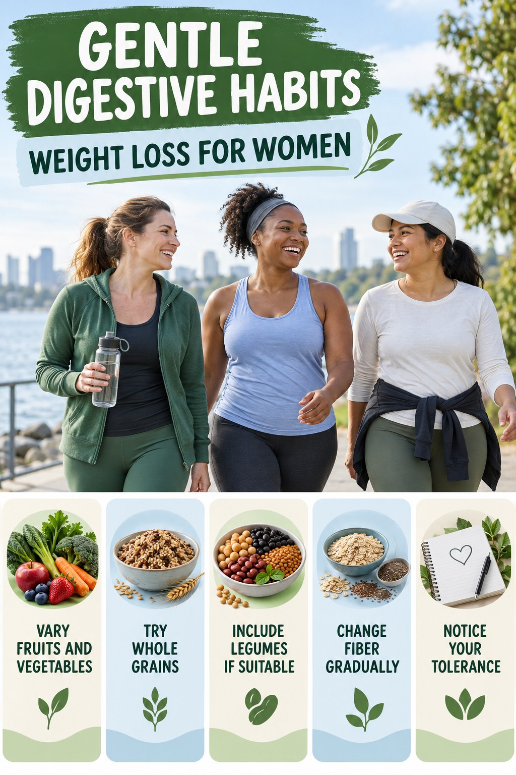 Fiber Variety Without Extremes infographic for Weight Loss for Women with five practical food, hydration, movement, or routine actions and no cleanse claims.