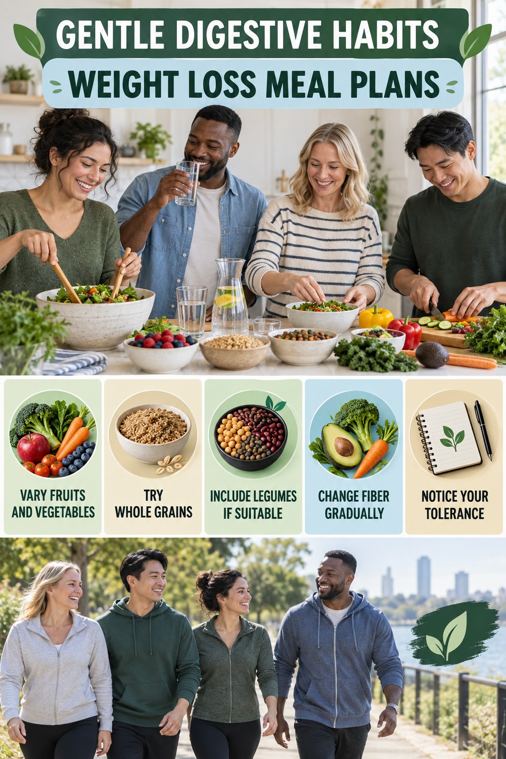 Fiber Variety Without Extremes infographic for Weight Loss Meal Plans with five practical food, hydration, movement, or routine actions and no cleanse claims.