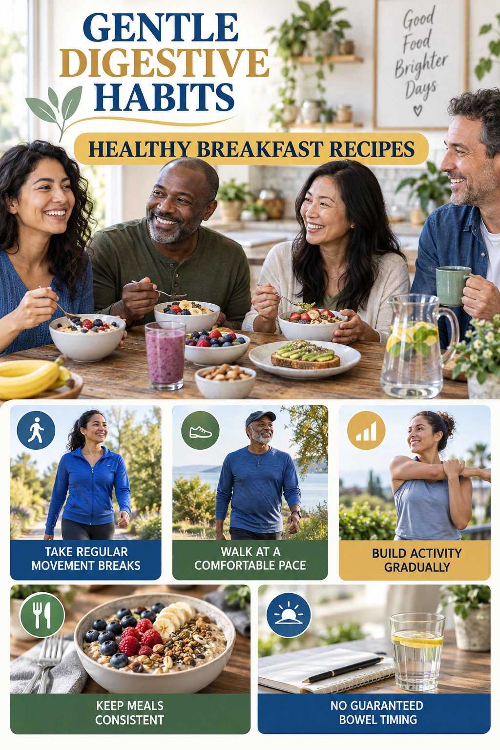 Movement for Digestive Wellness infographic for Healthy Breakfast Recipes with five practical food, hydration, movement, or routine actions and no cleanse claims.