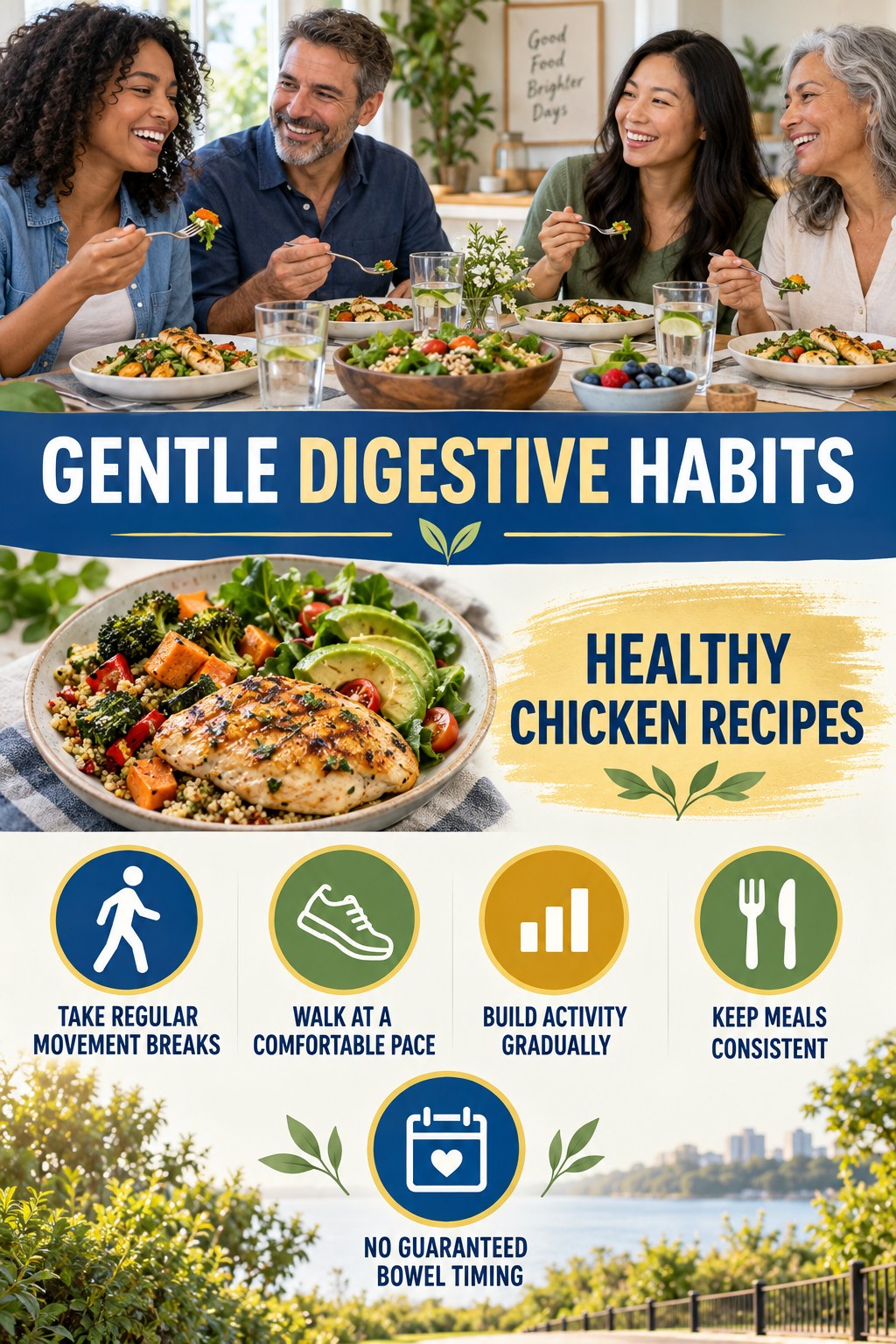 Movement for Digestive Wellness infographic for Healthy Chicken Recipes with five practical food, hydration, movement, or routine actions and no cleanse claims.