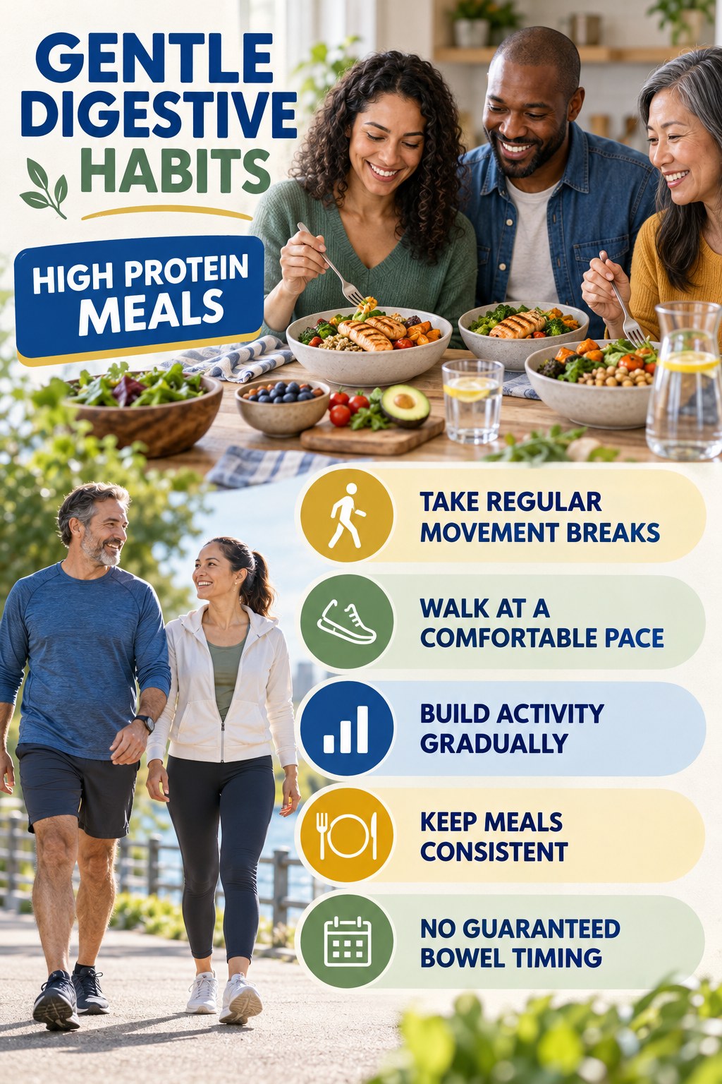 Movement for Digestive Wellness infographic for High Protein Meals with five practical food, hydration, movement, or routine actions and no cleanse claims.