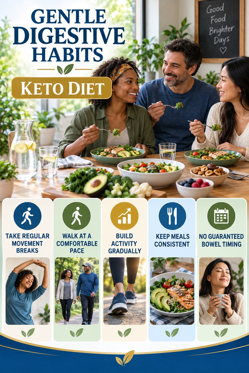 Movement for Digestive Wellness infographic for Keto Diet with five practical food, hydration, movement, or routine actions and no cleanse claims.