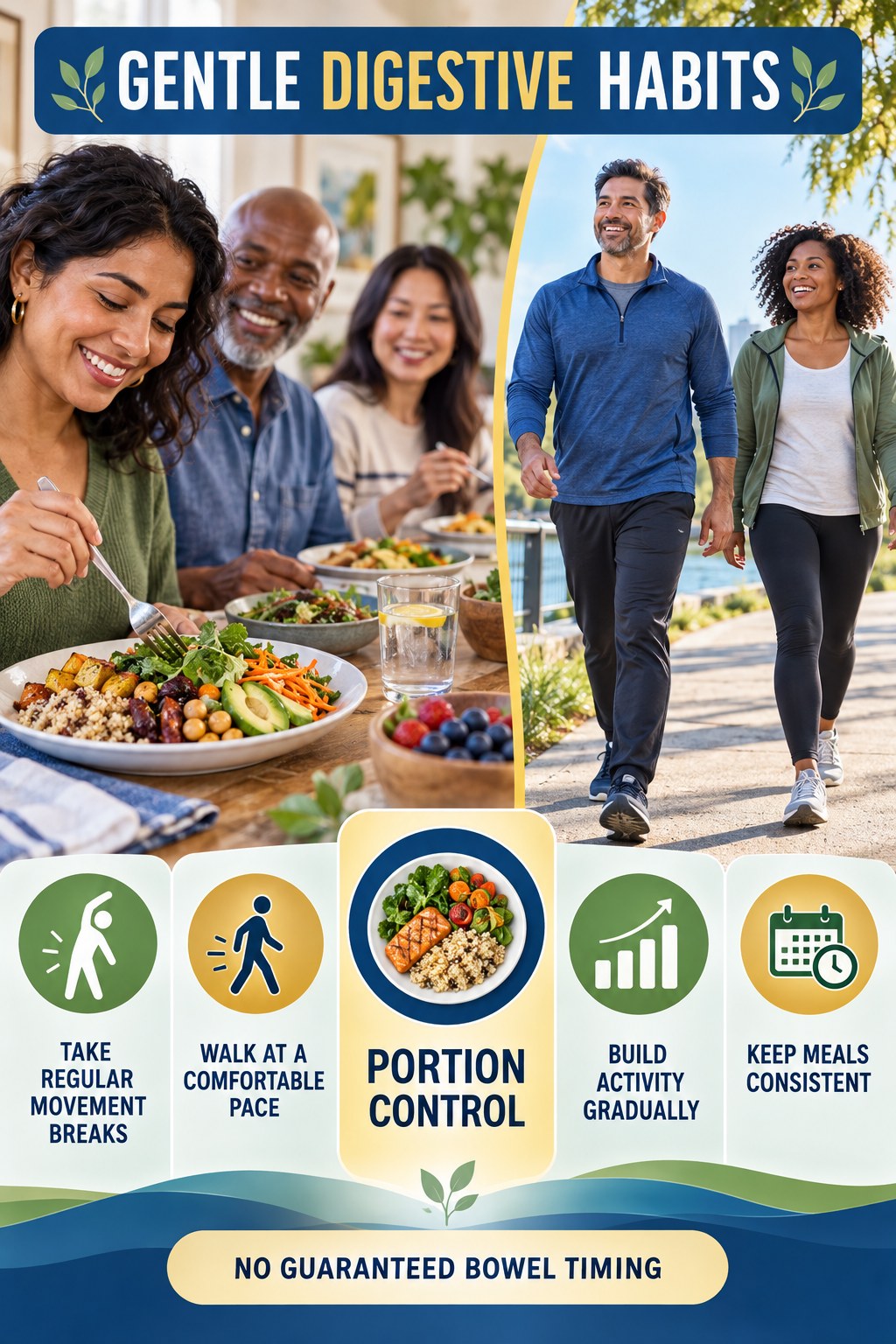 Movement for Digestive Wellness infographic for Portion Control with five practical food, hydration, movement, or routine actions and no cleanse claims.