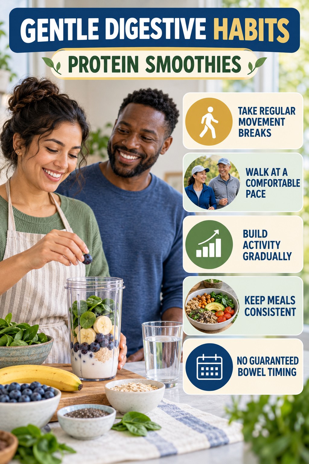 Movement for Digestive Wellness infographic for Protein Smoothies with five practical food, hydration, movement, or routine actions and no cleanse claims.