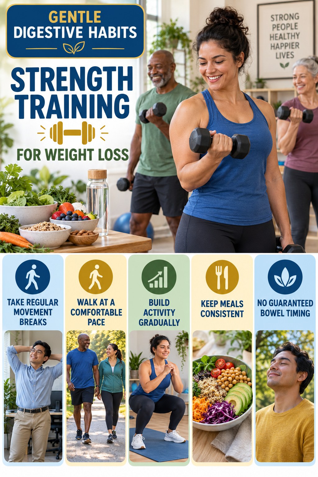 Movement for Digestive Wellness infographic for Strength Training for Weight Loss with five practical food, hydration, movement, or routine actions and no cleanse claims.