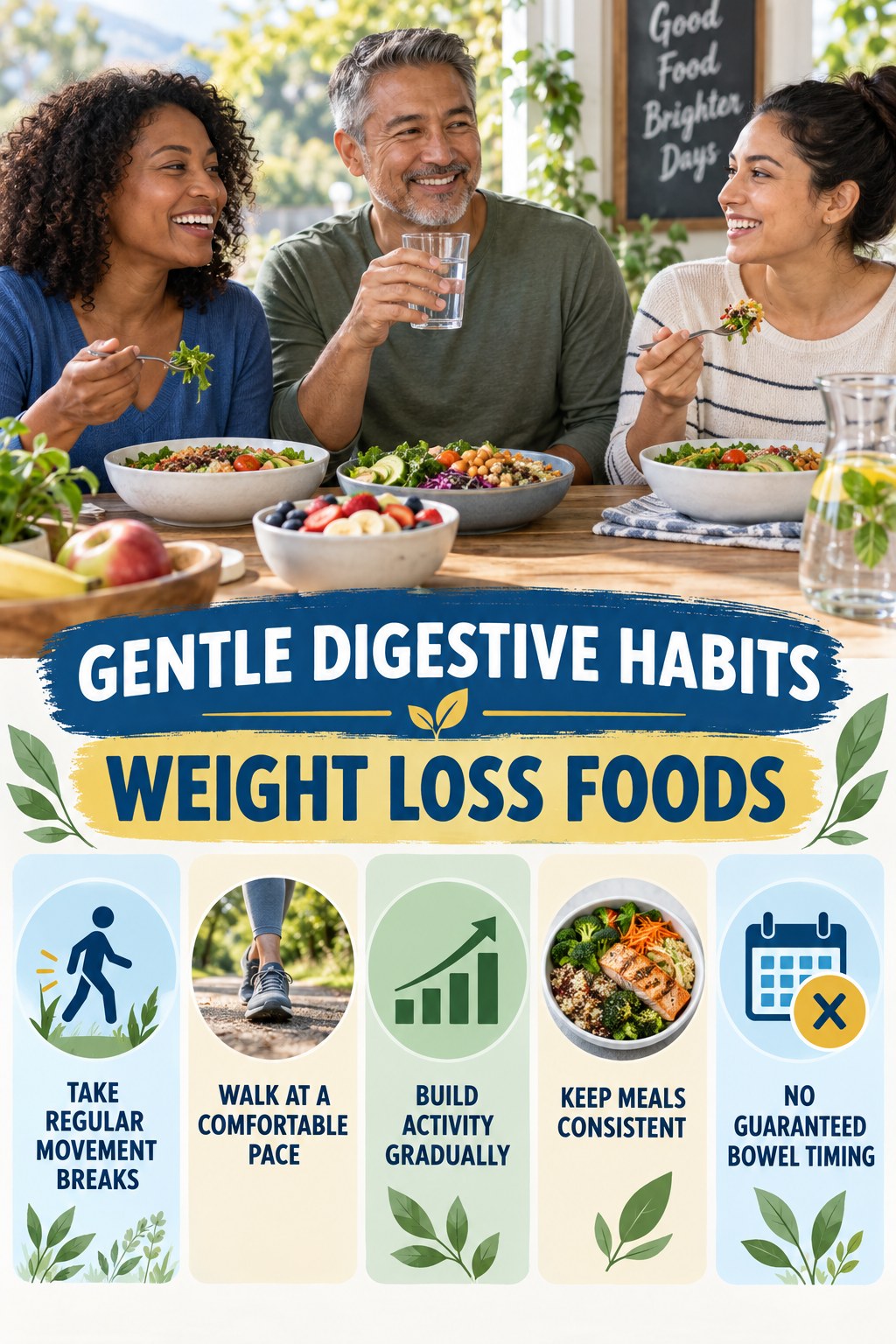 Movement for Digestive Wellness infographic for Weight Loss Foods with five practical food, hydration, movement, or routine actions and no cleanse claims.
