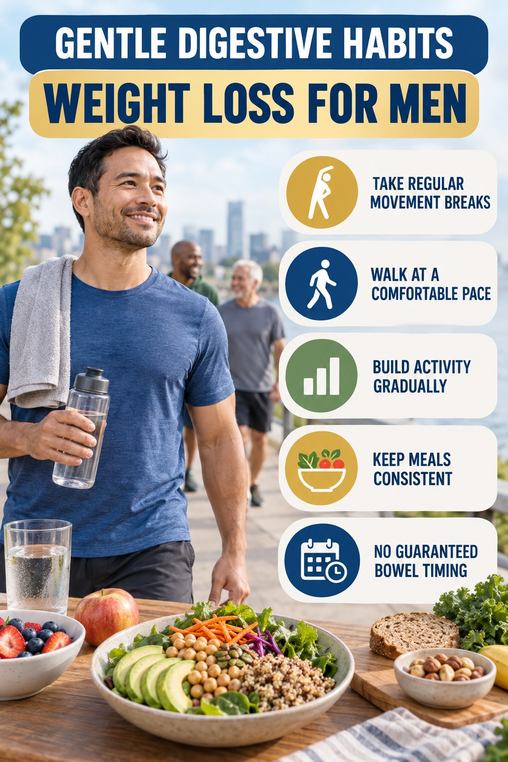 Movement for Digestive Wellness infographic for Weight Loss for Men with five practical food, hydration, movement, or routine actions and no cleanse claims.