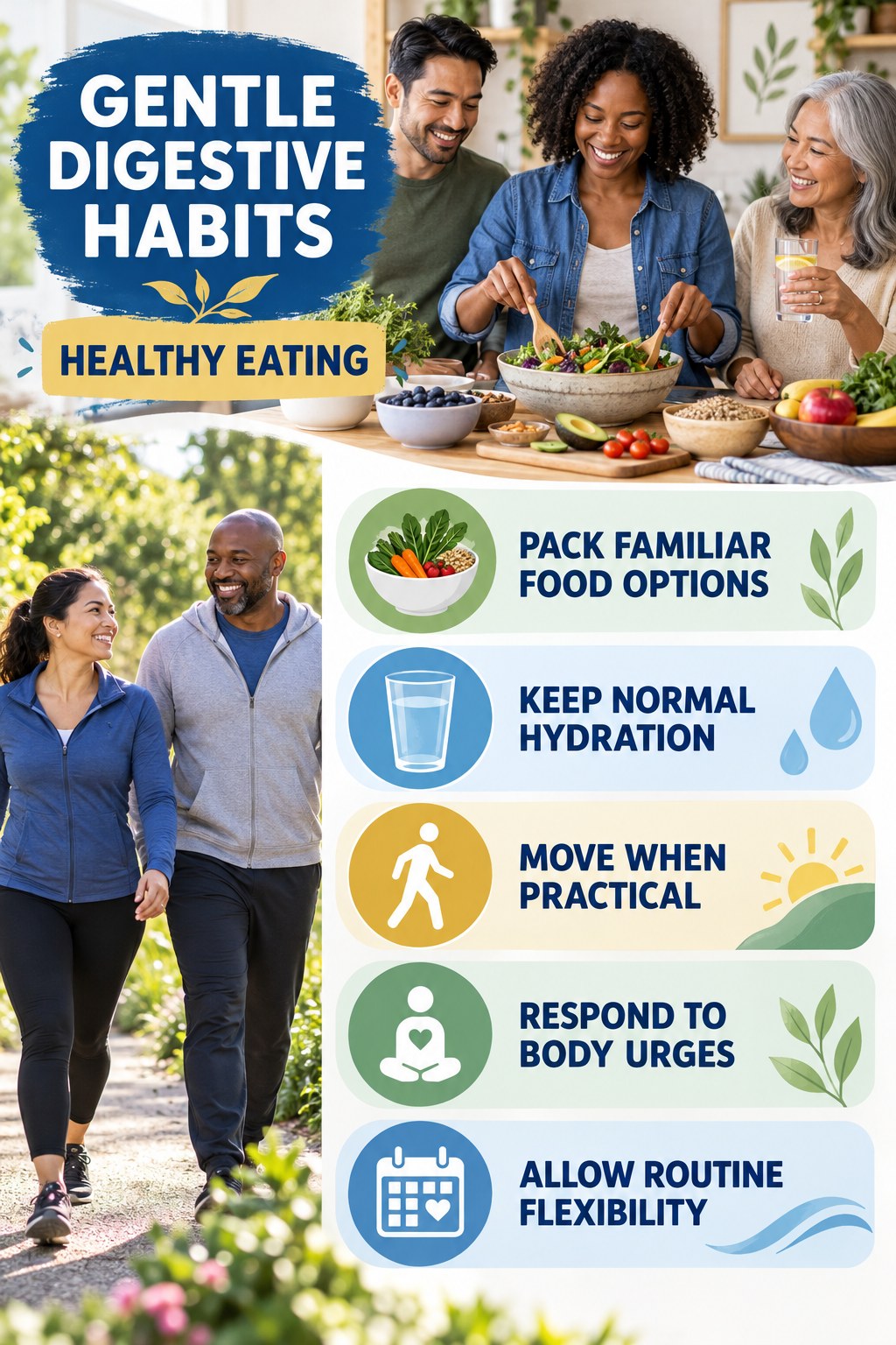 Travel and Routine Support infographic for Healthy Eating with five practical food, hydration, movement, or routine actions and no cleanse claims.
