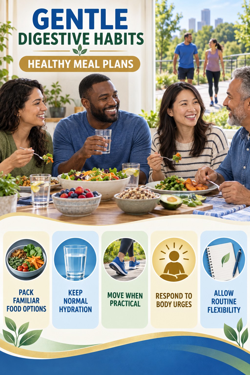 Travel and Routine Support infographic for Healthy Meal Plans with five practical food, hydration, movement, or routine actions and no cleanse claims.