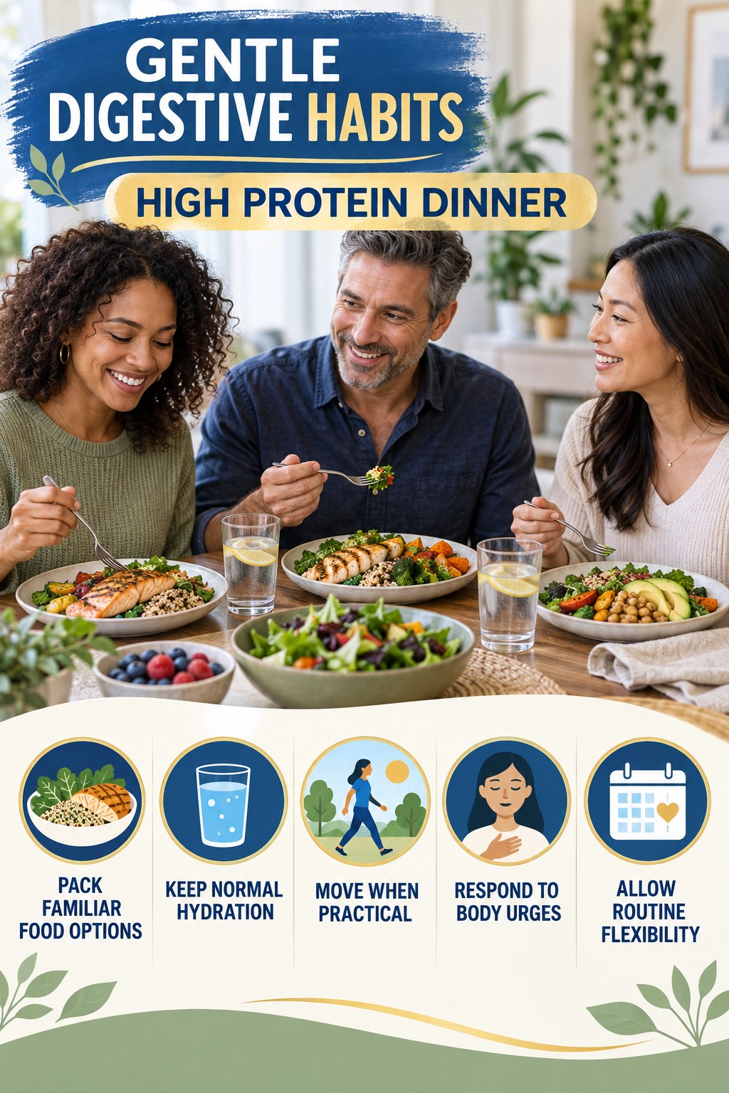 Travel and Routine Support infographic for High Protein Dinner with five practical food, hydration, movement, or routine actions and no cleanse claims.