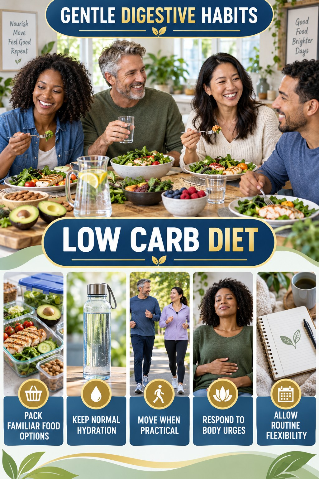 Travel and Routine Support infographic for Low Carb Diet with five practical food, hydration, movement, or routine actions and no cleanse claims.