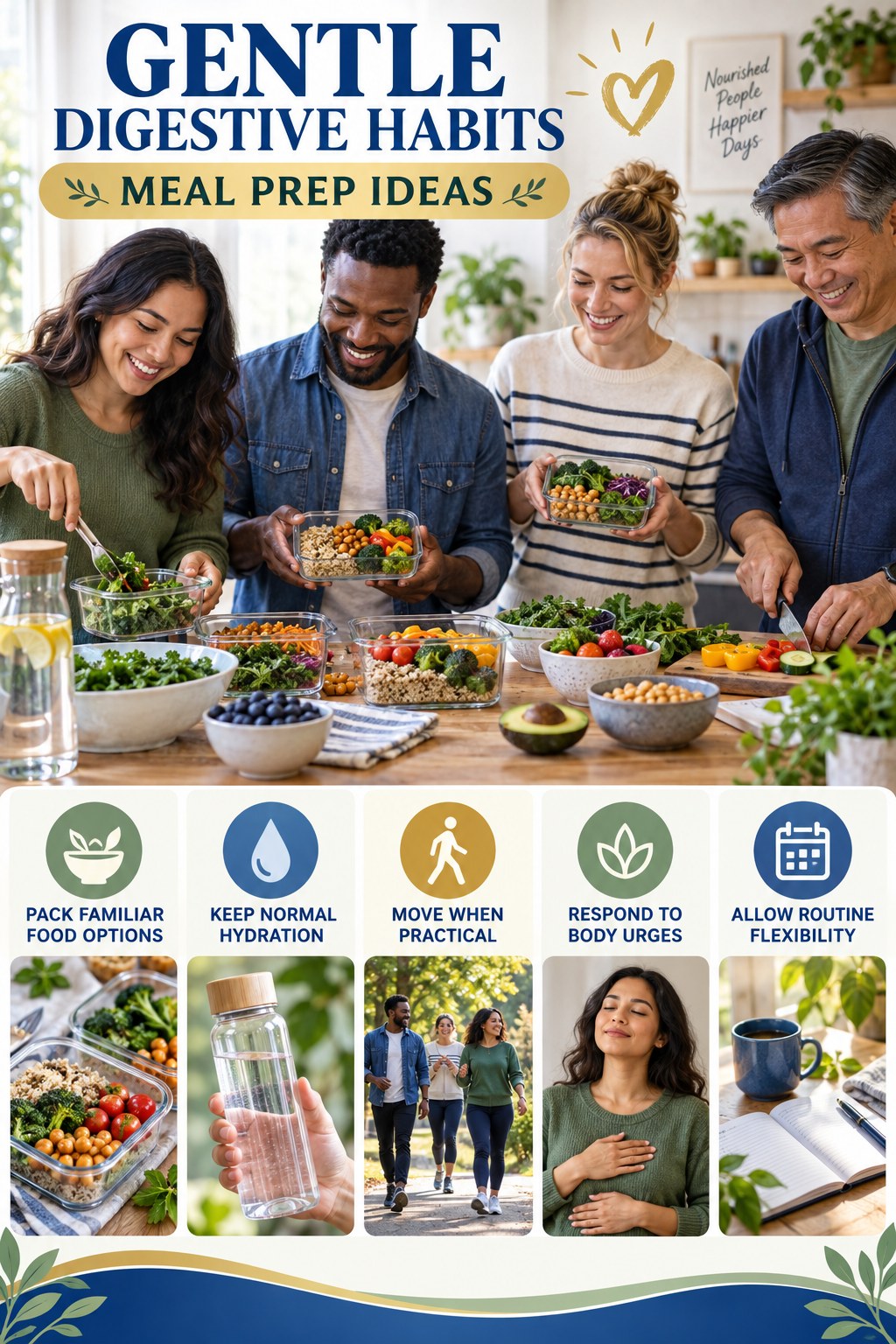 Travel and Routine Support infographic for Meal Prep Ideas with five practical food, hydration, movement, or routine actions and no cleanse claims.