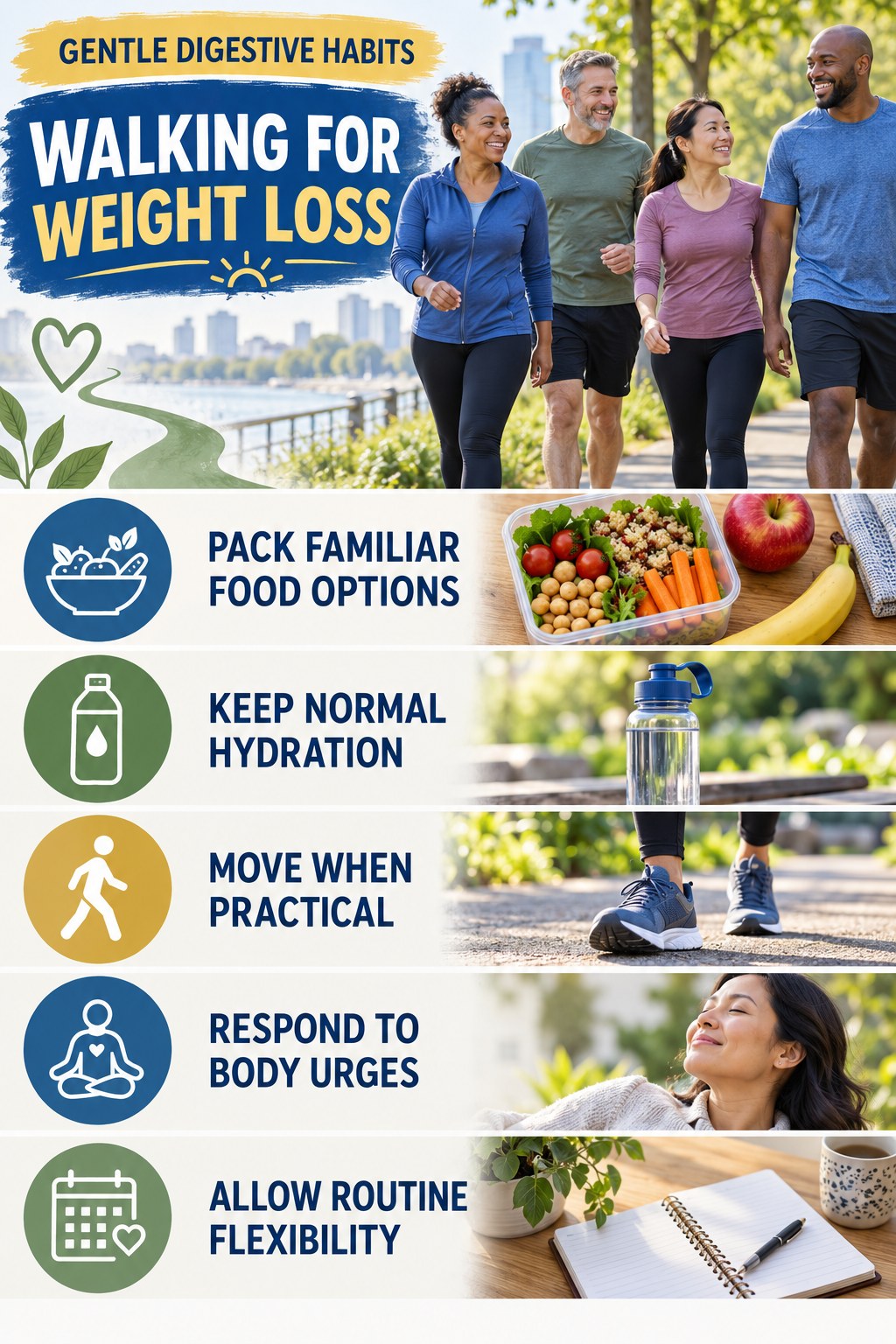 Travel and Routine Support infographic for Walking for Weight Loss with five practical food, hydration, movement, or routine actions and no cleanse claims.