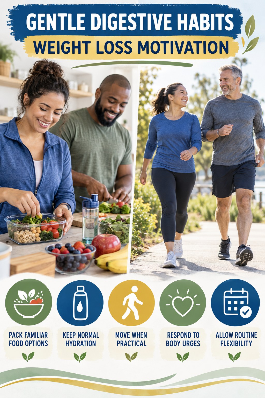 Travel and Routine Support infographic for Weight Loss Motivation with five practical food, hydration, movement, or routine actions and no cleanse claims.