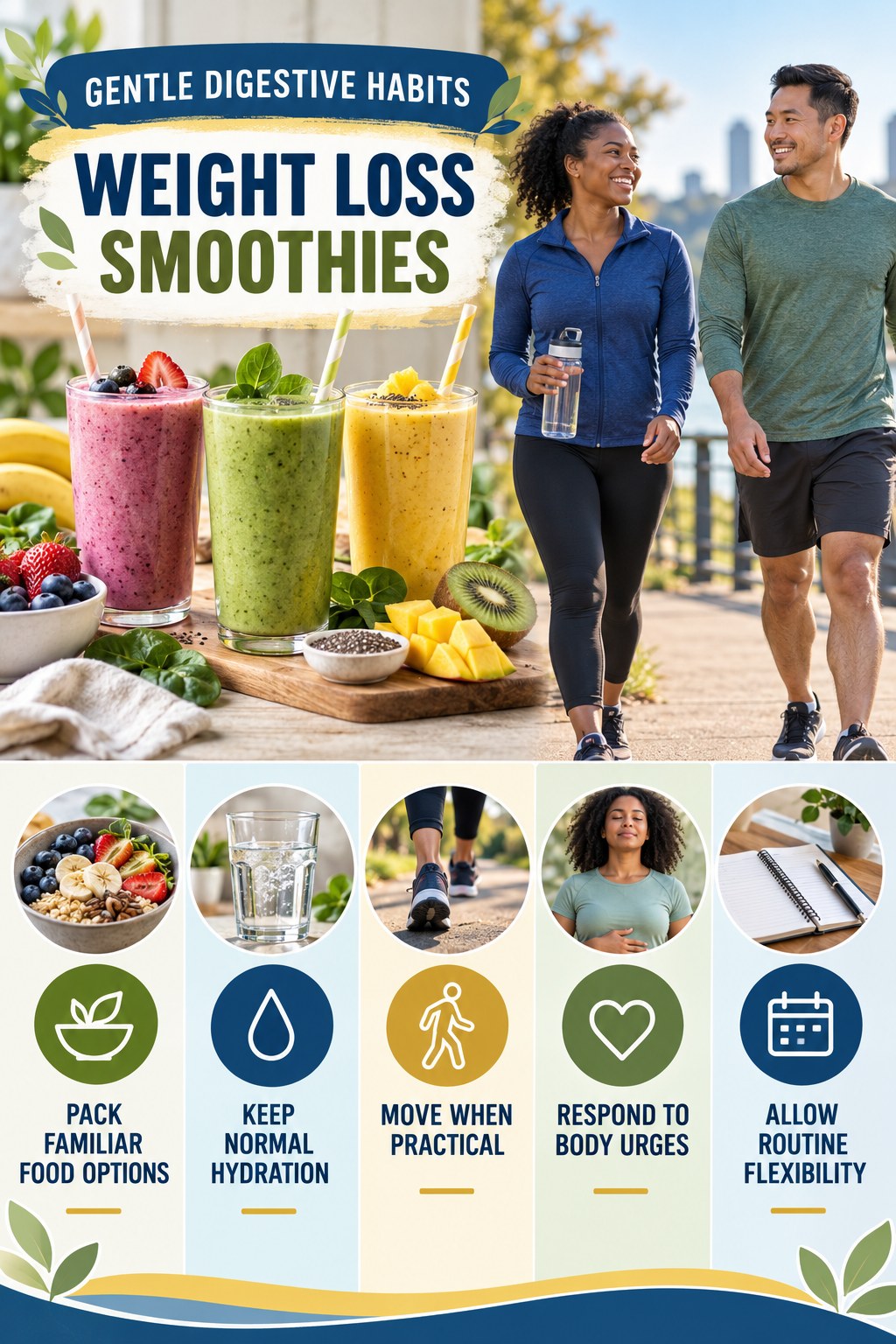 Travel and Routine Support infographic for Weight Loss Smoothies with five practical food, hydration, movement, or routine actions and no cleanse claims.