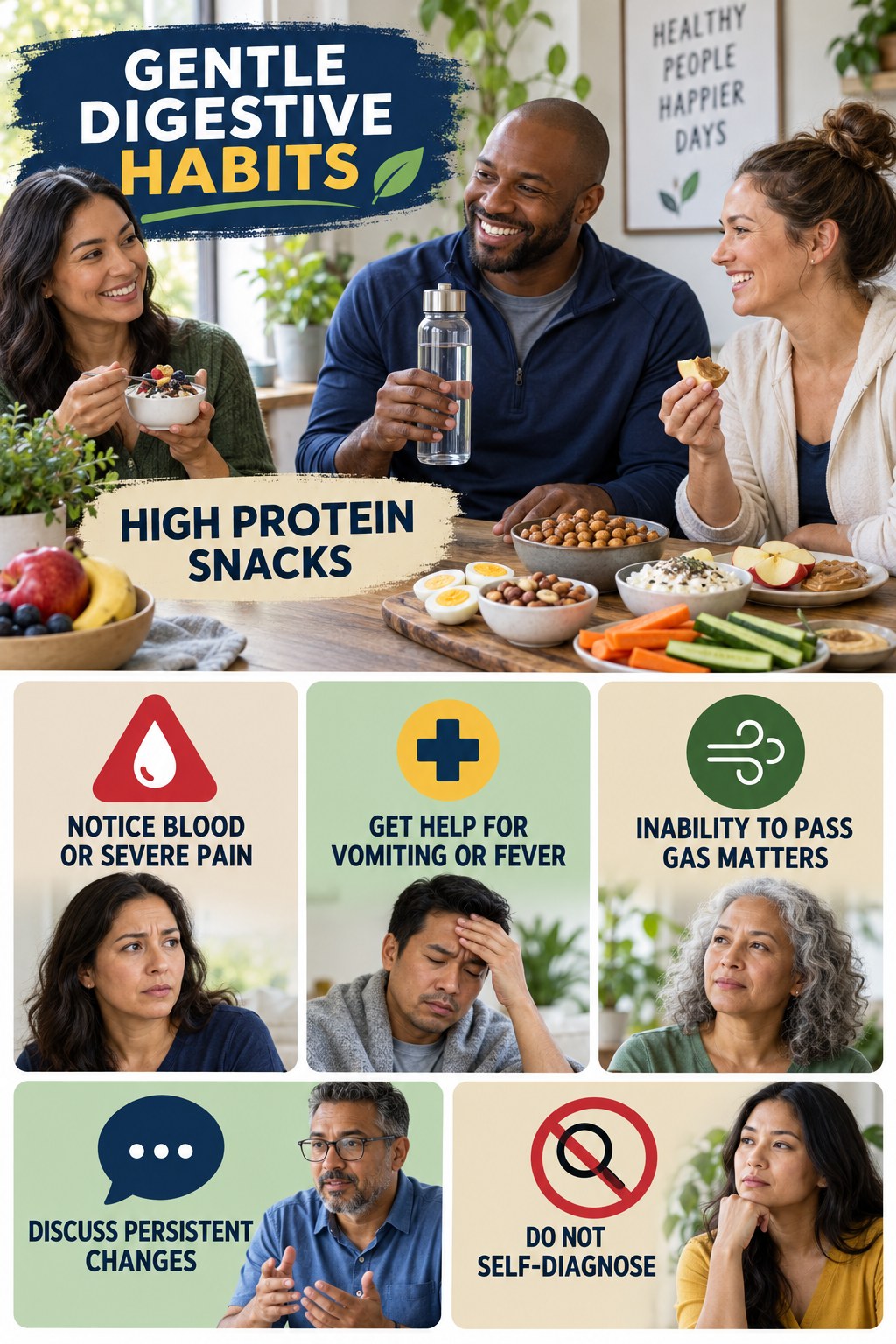 When Lifestyle Tips Are Not Enough infographic for High Protein Snacks with five practical food, hydration, movement, or routine actions and no cleanse claims.