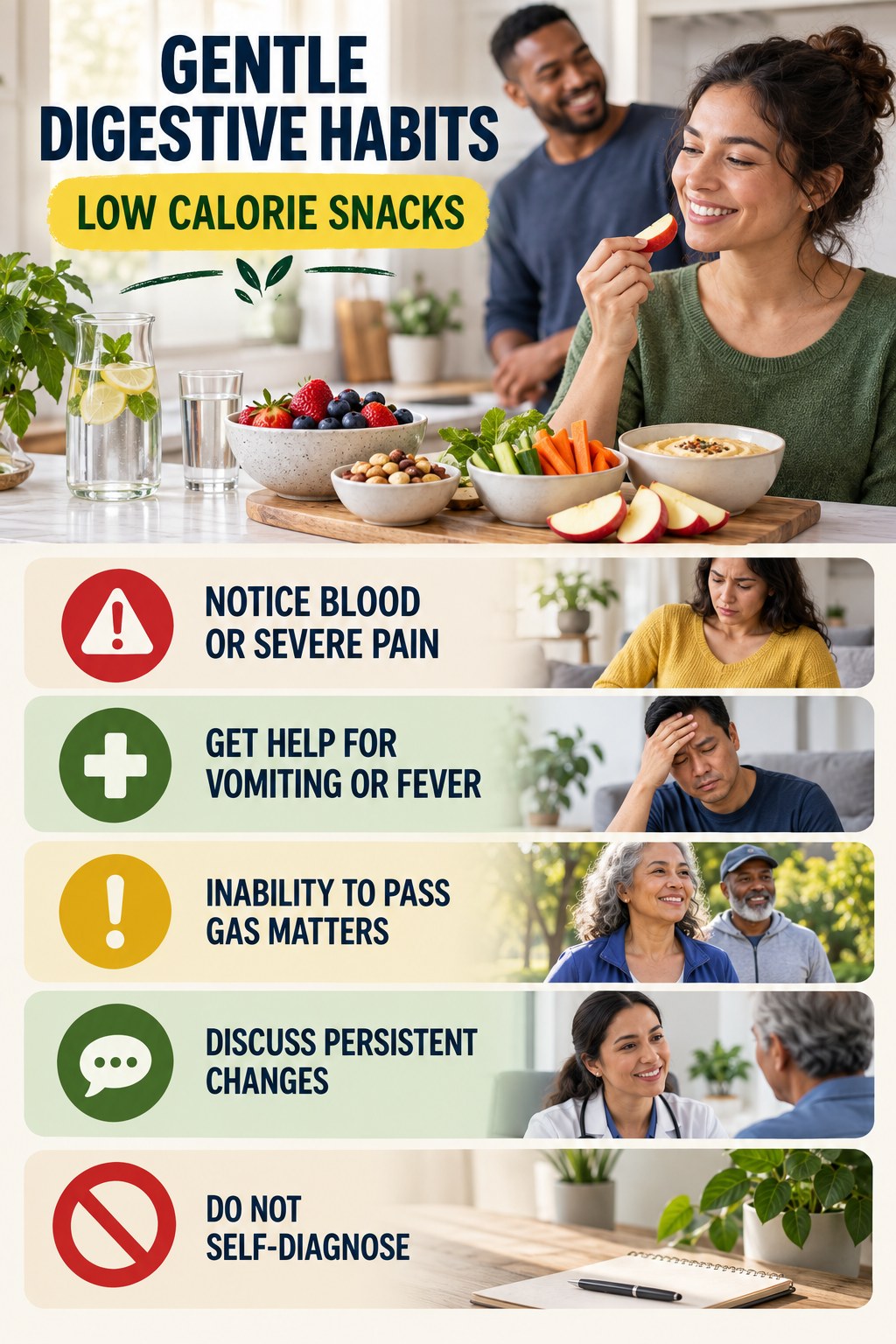 When Lifestyle Tips Are Not Enough infographic for Low Calorie Snacks with five practical food, hydration, movement, or routine actions and no cleanse claims.