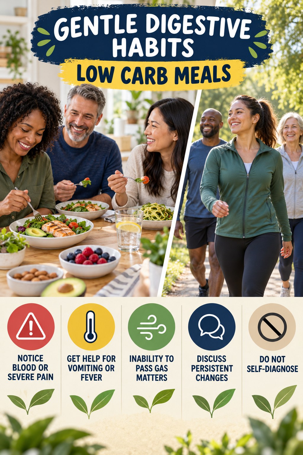 When Lifestyle Tips Are Not Enough infographic for Low Carb Meals with five practical food, hydration, movement, or routine actions and no cleanse claims.
