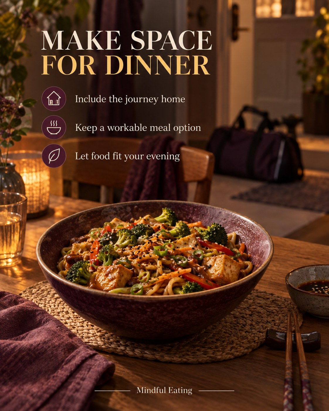 Vegetable noodles ready at a home table with an unbranded gym bag near the door.